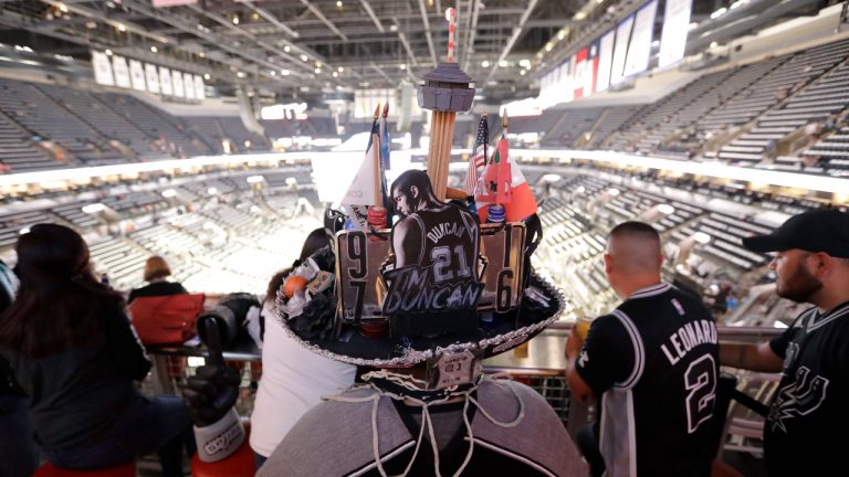 San Antonio Spurs fan Fred Carrasco wears a decorated sombrero for Game 5 in a second-round NBA basketball playoff series between the San Antonio Spurs and the Houston Rockets, Tuesday, May 9, 2017, in San Antonio. (Eric Gay/AP)