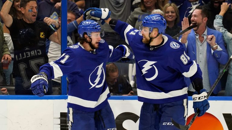 Tampa Bay Lightning center Anthony Cirelli (71) celebrates his goal against the Toronto Maple Leafs with defenseman Erik Cernak (81) during the second period in Game 6 of an NHL hockey first-round playoff series Thursday, May 12, 2022, in Tampa, Fla. (Chris O'Meara/AP)