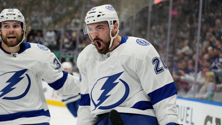 Tampa Bay Lightning left wing Nicholas Paul (20) celebrates his goal against the Toronto Maple Leafs during first period NHL first-round playoff series action in Toronto on Saturday, May 14, 2022. (Frank Gunn/CP)