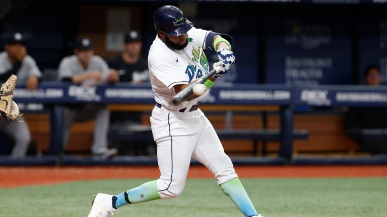 Tampa Bay Rays' Manuel Margot hits an RBI single against the New York Yankees during the eighth inning of a baseball game Saturday, May 28, 2022, in St. Petersburg, Fla. (Scott Audette/AP)