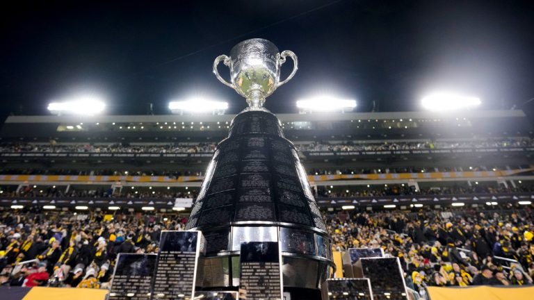 The Grey Cup is displayed prior to the 108th CFL Grey Cup between the Hamilton Tiger-Cats and the Winnipeg Blue Bombers in Hamilton, Ont., on Sunday, December 12, 2021. (Nathan Denette/CP)