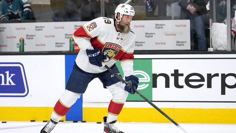 Florida Panthers center Joe Thornton warms up for the team's NHL hockey game against his former team, the San Jose Sharks, in San Jose, Calif., Tuesday, March 15, 2022. (AP Photo/Tony Avelar)