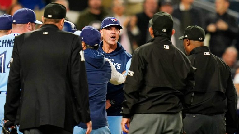 Toronto Blue Jays pitching coach Pete Walker argues with the umpires after being ejected during the sixth inning of a baseball game against the New York Yankees, Tuesday, May 10, 2022, in New York. (Frank Franklin II/AP)