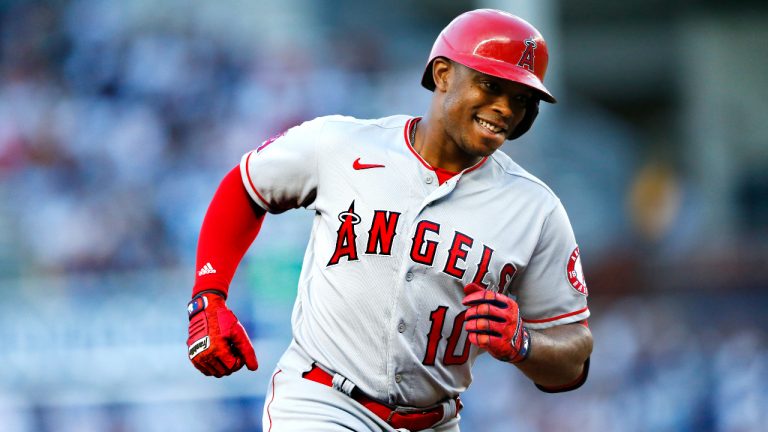 Los Angeles Angels' Justin Upton rounds the bases after hitting a home run against the New York Yankees during the first inning of a baseball game Monday, Aug. 16, 2021, in New York. (Noah K. Murray/AP)