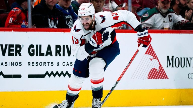 Washington Capitals right wing Tom Wilson skates against the Arizona Coyotes during the second period of an NHL hockey game Friday, April 22, 2022, in Glendale, Ariz. (Ross D. Franklin/AP)