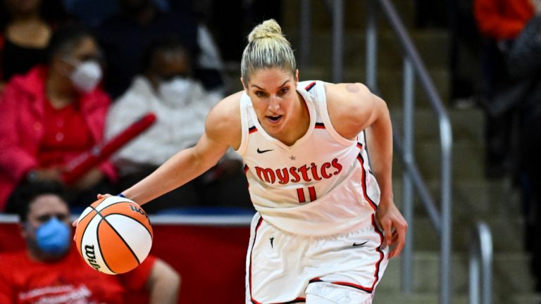 Washington Mystics' Elena Delle Donne (11) brings the ball up court during the first half of an WNBA basketball game against the Indiana Fever. (Terrance Williams/AP)