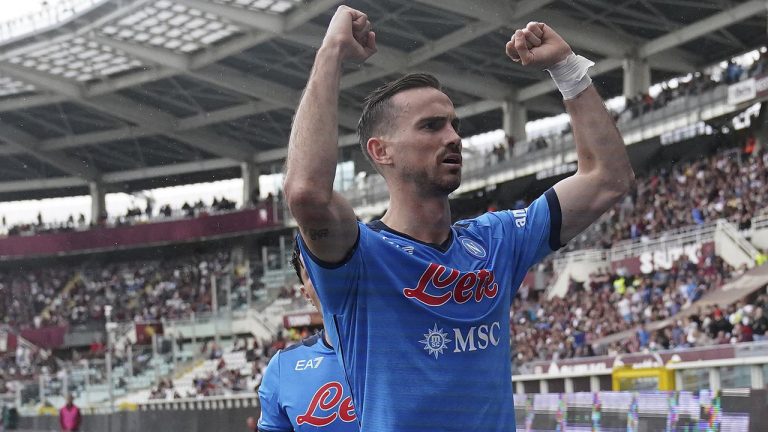 Napoli's Fabian Ruiz celebrates after scoring his side's first goal during the Italian Serie A soccer match between Torino and Napoli at the Olympic Stadium in Turin, Italy, Saturday, May 7, 2022. (Spada/LaPresse via AP)