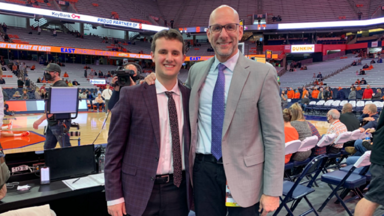 Ben Shulman, left, and Dan Shulman, during a Syracuse basketball game on Nov. 14, 2021. (Dan Shulman)