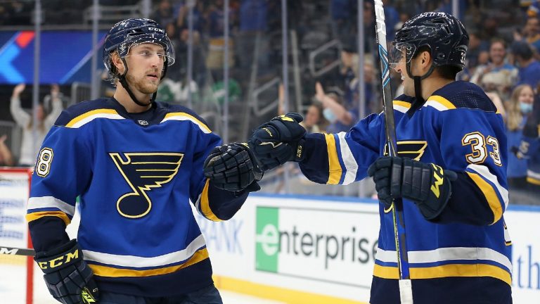 The Blues will have Scott Perunovich, left, back from injury for Game 4 of their series against Minnesota on Sunday (Scott Kane/AP)