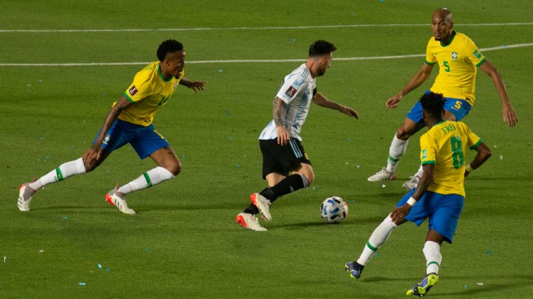 Lionel Messi of Argentina fights for the ball with 4 players of Brazil during a match between Argentina and Brazil as part of South American Qualifiers for Qatar 2022 at San Juan del Bicentenario Stadium on November 16, 2021 in San Juan, Argentina. (Florencia Tan Jun/PxImages/ABACAPRESS.COM)