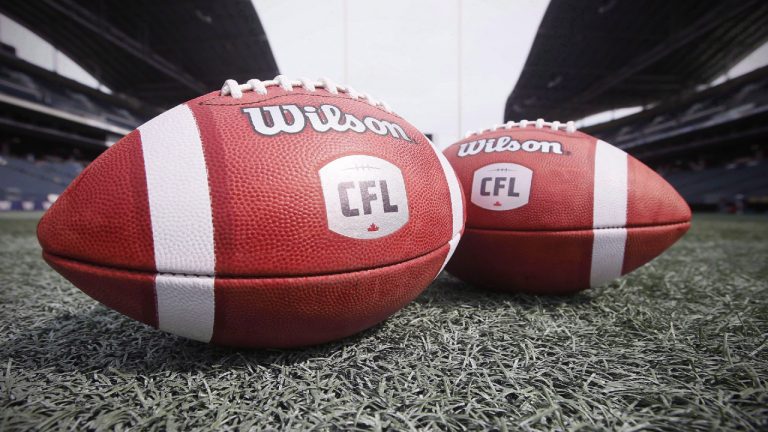 CFL balls are photographed at the Winnipeg Blue Bombers stadium in Winnipeg Thursday, May 24, 2018. (John Woods/CP)