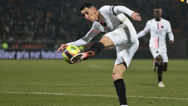 PSG's Angel Di Maria kicks the ball during the French League One soccer match between FC Lorient and Paris Saint-Germain at the Moustoir stadium in Lorient, western France, Wednesday, Dec. 22, 2021. (Jeremias Gonzalez/AP)