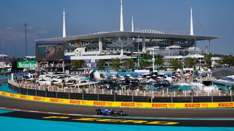 Williams driver Alexander Albon makes his way around the circuit during the second practice session for the Formula One Miami Grand Prix auto race at the Miami International Autodrome, Friday in Miami Gardens, Fla. (Wilfredo Lee/AP)