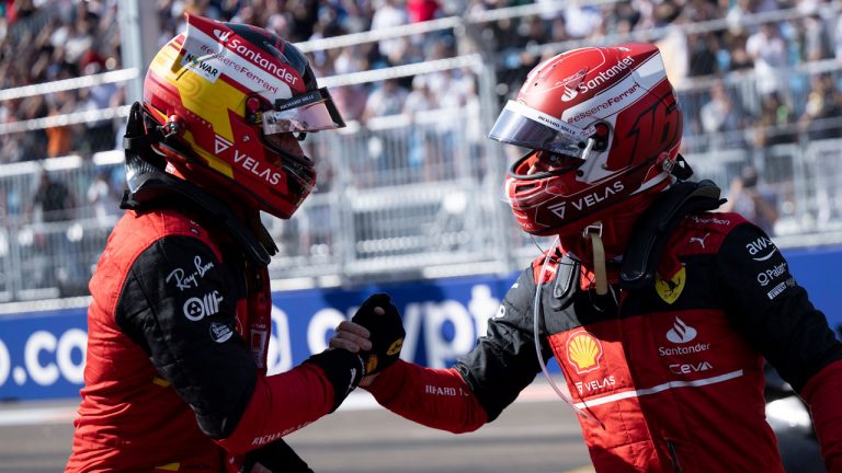 Ferrari driver Charles Leclerc of Monaco congratulates Ferrari driver Carlos Sainz of Spain after qualifying for the Formula One Miami Grand Prix auto race. (Brendan Smialowski/AP)