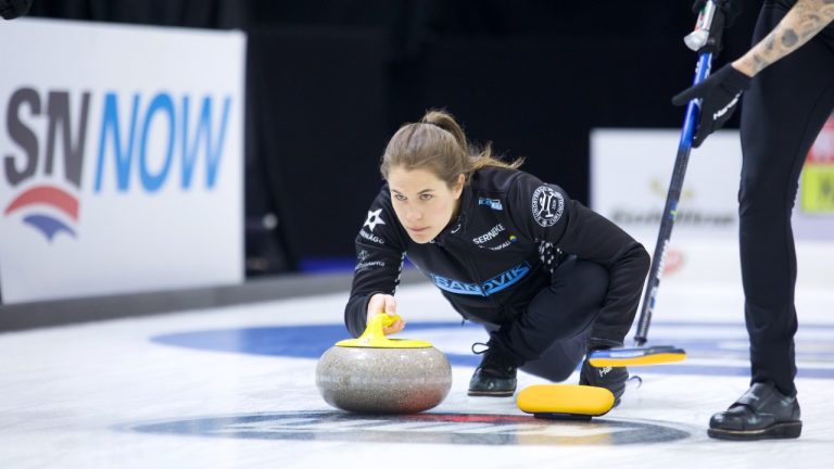 Anna Hasselborg shoots a stone during the KIOTI Tractor Champions Cup on May 5, 2022, at the Olds Sportsplex in Olds, Alta. (Anil Mungal)