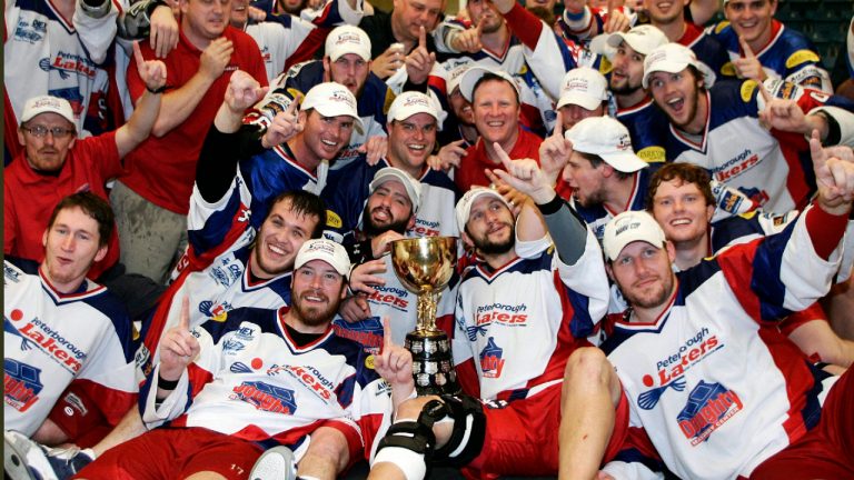 Peterborough Lakers pose for a photo after defeating the Coquitlam Adanacs 12-8 in game 6 and winning the series 4-2 to capture the 2007 Mann Cup Canadian National Lacrosse Championship in Coquitlam, Friday, September 14, 2007. (Richard Lam/CP) 