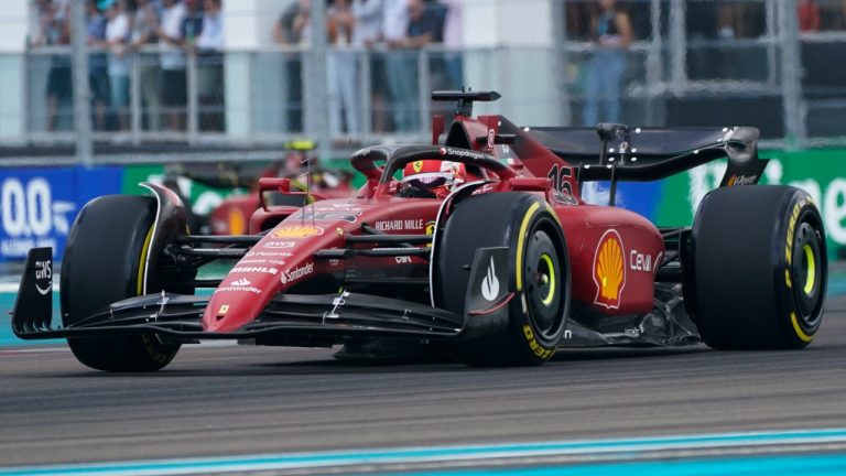 Ferrari driver Charles Leclerc of Monaco races during the Formula One Miami Grand Prix auto race at the Miami International Autodrome, Sunday, May 8, 2022, in Miami Gardens, Fla. (Wilfredo Lee/AP)