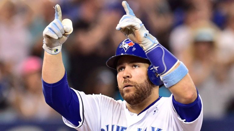 Toronto Blue Jays catcher Russell Martin (55) celebrates his two-run home run off Chicago White Sox starter James Shields during sixth inning American League baseball action in Toronto, Sunday, June 18, 2017. (Frank Gunn/CP)