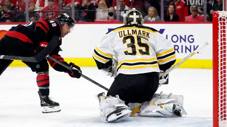 Carolina Hurricanes' Jordan Martinook (48) has his shot blocked by Boston Bruins goaltender Linus Ullmark (35) during the second period of Game 1 of an NHL hockey Stanley Cup first-round playoff series in Raleigh, N.C., Monday, May 2, 2022. (Karl B DeBlaker/AP)