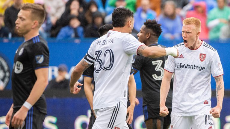 Real Salt Lake's Justen Glad (15) reacts after scoring against CF Montreal during second half MLS soccer action. (Graham Hughes/CP)