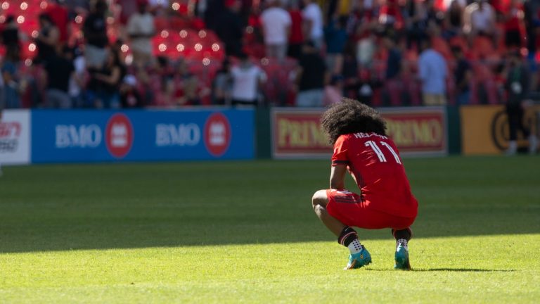 Toronto FC's Jayden Nelson reacts at the final whistle after his team loose 1-0 to a last minute goal from Orlando City's Kyle Smith in MLS action in Toronto, Saturday, May 14, 2022. (Chris Young/CP)