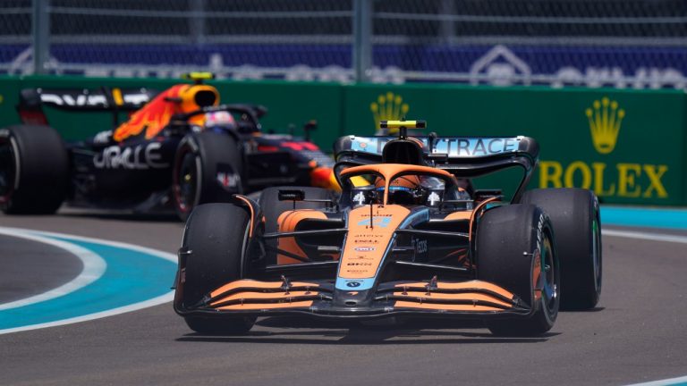 McLaren driver Lando Norris of Britain leads Red Bull driver Sergio Perez of Mexico during the third practice session for the Formula One Miami Grand Prix auto race at the Miami International Autodrome, Saturday, May 7, 2022, in Miami Gardens, Fla. (Wilfredo Lee/AP)