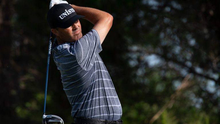 Ryan Palmer tees off on the 14th hole during the second round of the AT&T Byron Nelson golf tournament in McKinney, Texas, on Friday, May 13, 2022. (Emil Lippe/AP)