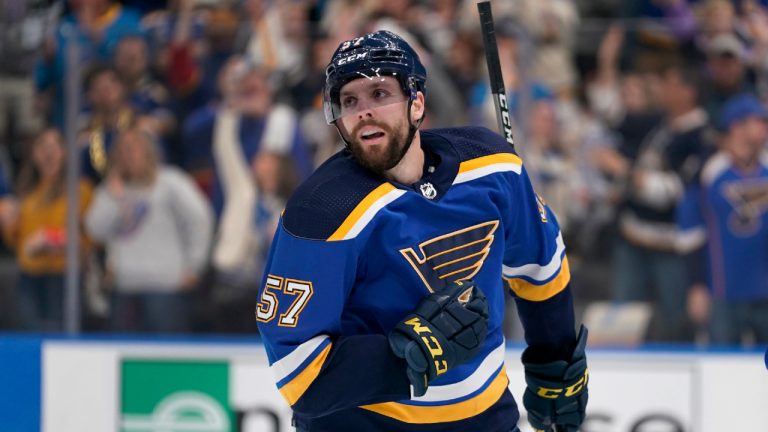 St. Louis Blues' David Perron celebrates after scoring during the second period in Game 4 of an NHL hockey Stanley Cup second-round playoff series against the Colorado Avalanche Monday, May 23, 2022, in St. Louis. (Jeff Roberson/AP) 