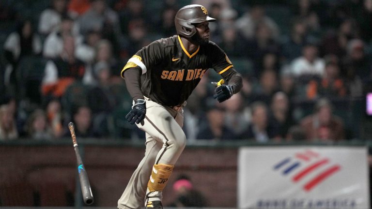 San Diego Padres' Jurickson Profar watches his RBI single against the San Francisco Giants during the 10th inning of a baseball game in San Francisco, Friday, May 20, 2022. (Tony Avelar/AP)