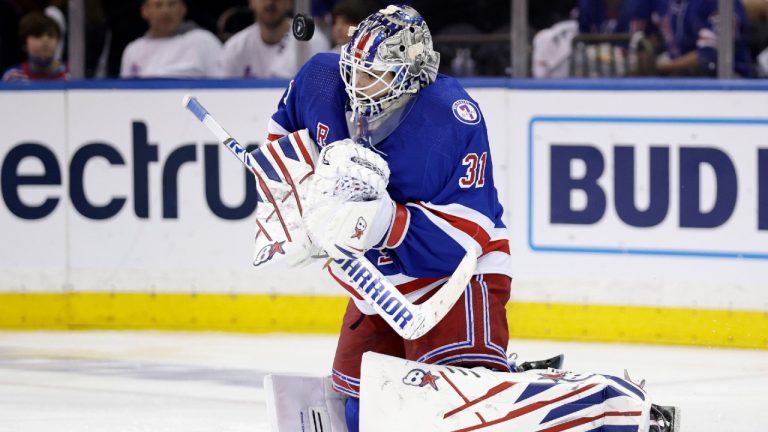 Rangers goaltender Igor Shesterkin stood tall against the Hurricanes as New York won Game 3 of their second-round playoff series on Sunday in New York. (Adam Hunger/AP)