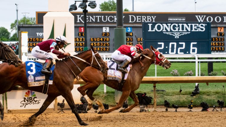 Rich Strike, ridden by jockey Sonny Leon, wins the 148th Kentucky Derby, Saturday, May 7, 2022, at Churchill Downs in Louisville, Ky. Longines, the Swiss watch manufacturer known for its luxury timepieces, is the Official Watch and Timekeeper of the 148th annual Kentucky Derby. (Diane Bondareff/AP)