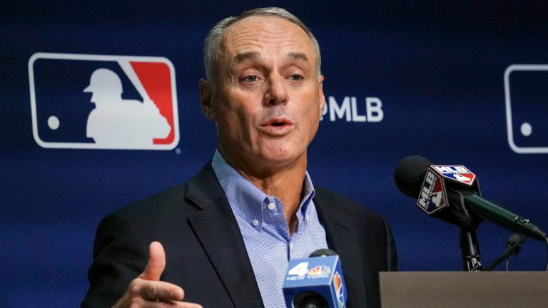 Major League Baseball commissioner Rob Manfred speaks during a news conference, Thursday March 10, 2022, in New York. (Bebeto Matthews/AP)