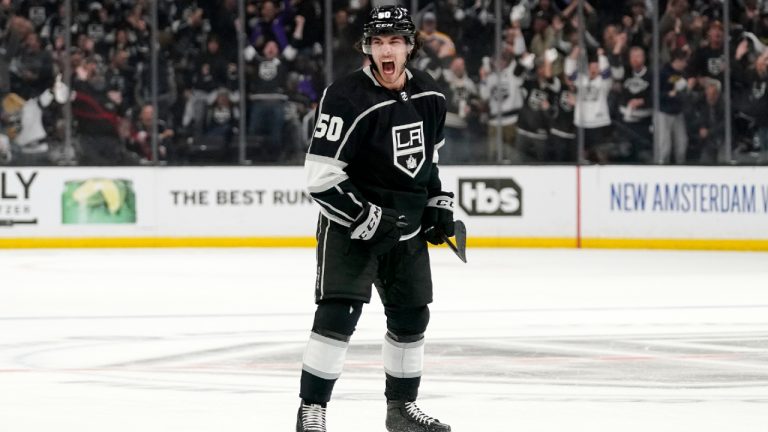 Los Angeles Kings defenceman Sean Durzi celebrates his power play goal during the second period in Game 6 of an NHL hockey Stanley Cup first-round playoff series against the Edmonton Oilers Thursday, May 12, 2022, in Los Angeles. (Mark J. Terrill/AP)