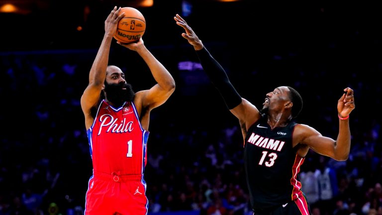 Philadelphia 76ers' James Harden (1) goes up for a shot against Miami Heat's Bam Adebayo during the second half of Game 4 of an NBA basketball second-round playoff series, Sunday, May 8, 2022, in Philadelphia. (Matt Slocum/AP)