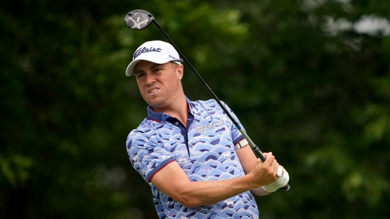 Justin Thomas watches his tee shot on the 17th hole during the second round of the PGA Championship golf tournament at Southern Hills Country Club, Friday, May 20, 2022, in Tulsa, Okla. (Matt York/AP)