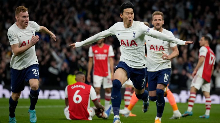 Tottenham's Son Heung-min celebrates after scoring against Arsenal during the English Premier League soccer match between Tottenham Hotspur and Arsenal at Tottenham Hotspur stadium in London, England, Thursday, May 12, 2022. (Matt Dunham/AP)