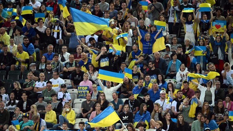 Spectators hold Ukraine flags and banners during the soccer match between Borussia Moenchengladbach and Ukraine's national soccer team at Borussia Park, Monchengladbach, Germany, Wednesday May 11, 2022. (Federico Gambarini/dpa via AP)