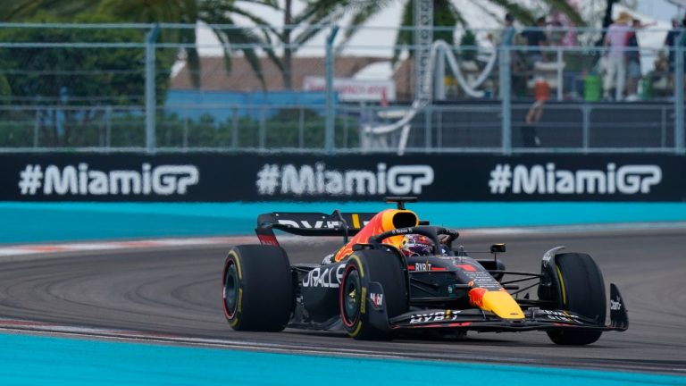 Red Bull driver Max Verstappen of the Netherlands took the checkered flag at the Formula One Miami Grand Prix at the Miami International Autodrome on Sunday. (Lynne Sladky/AP)