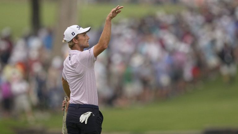 Will Zalatoris catches his ball on the eighth hole during the second round of the PGA Championship golf tournament at Southern Hills Country Club. (Matt York/AP)