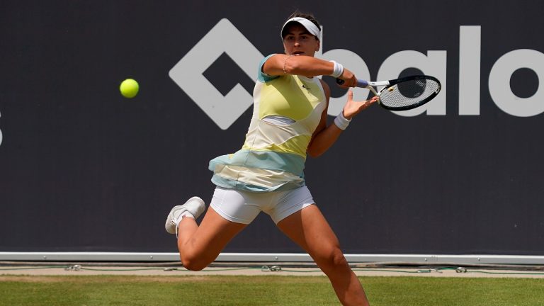 Canada's Bianca Andreescu in action against Russia's Daria Kasatkina during their WTA Tour Women's Singles Quarterfinals in Bad Homburg, Germany, Thursday June 23, 2022. (AP Photo)