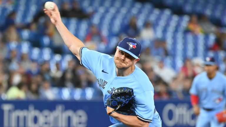 Toronto Blue Jays' relief pitcher Jeremy Beasley (38) throws against the Minnesota Twins in the first inning of American League baseball action in Toronto on Friday, June 3, 2022. (Jon Blacker/CP)