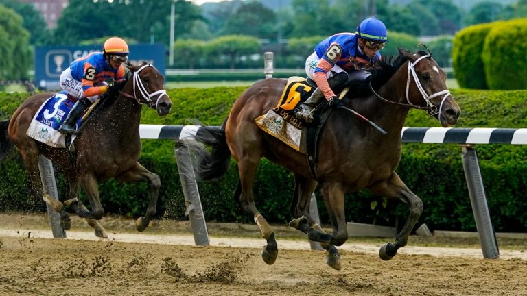 Mo Donegal (6), with jockey Irad Ortiz Jr., pulls away from Nest (3), with Jose Ortiz, before crossing the finish line to win the 154th running of the Belmont Stakes horse race, Saturday, June 11, 2022, at Belmont Park in Elmont, N.Y. (Frank Franklin II/AP Photo)