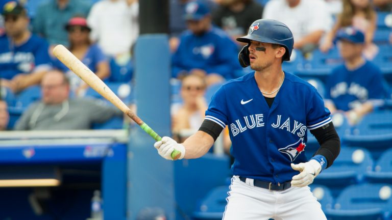 Toronto Blue Jays second baseman Cavan Biggio at bat during a spring training game at TD Ballpark, in Dunedin, Fla., Saturday, April 2, 2022. (Mark Taylor/CP)