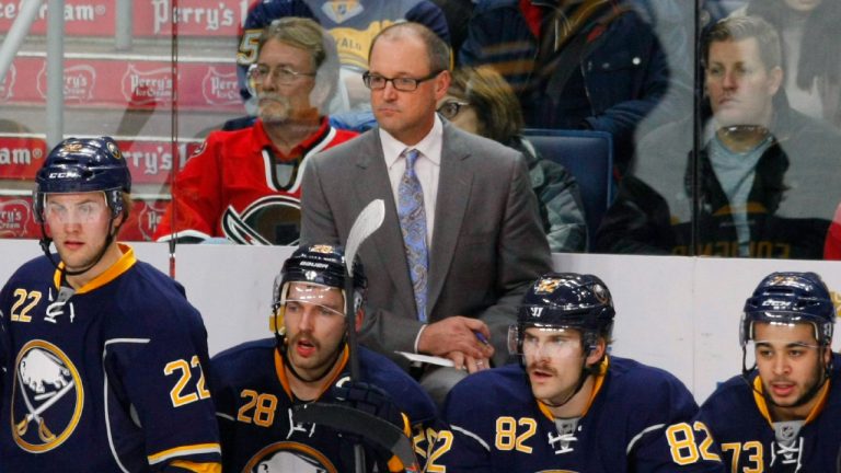 Buffalo Sabres head coach Dan Bylsma, top, looks on during an NHL hockey game against the Tampa Bay Lightning, Thursday, Nov. 17, 2016, in Buffalo, N.Y. (Jeffrey T. Barnes/AP)