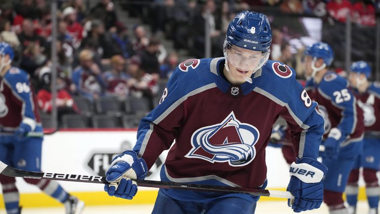 Colorado Avalanche defenceman Cale Makar warms up before the second period of an NHL hockey game against the Detroit Red Wings, Friday, Dec. 10, 2021, in Denver. (AP Photo/David Zalubowski)