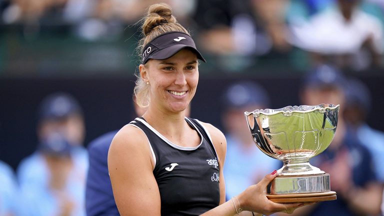 Brazil's Beatriz Haddad Maia celebrates with the trophy after defeating USA's Alison Riske in the women's singles final of the Nottingham Cup Open tennis championship in Nottingham, England, Sunday June 12, 2022. (Tim Goode/PA via AP)