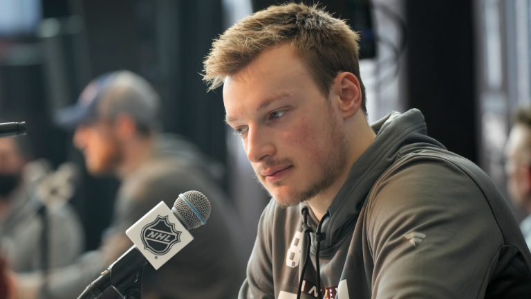 Colorado Avalanche defenseman Cale Makar considers a question during media day before Game 1 of the NHL hockey Stanley Cup Finals against the Tampa Bay Lightning Tuesday, June 14, 2022, in Denver. (AP)