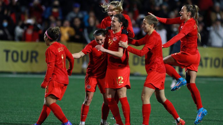 Canada celebrates a goal by Christine Sinclair during second half soccer action against Nigeria during the national team celebration tour at Starlight Stadium in Langford, B.C., Monday, April 11, 2022. Canada tied Nigeria 2-2. (Chad Hipolito/CP)