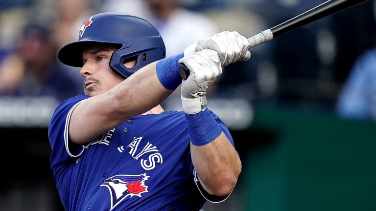 Toronto Blue Jays' Matt Chapman hits a two-run double during the second inning of a baseball game against the Kansas City Royals Tuesday, June 7, 2022, in Kansas City, Mo. (Charlie Riedel/AP)