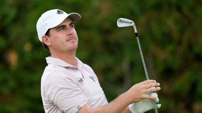 Canadian Aaron Cockerill watches his tee shot the 13th hole during round one of the Canadian Open at St. George's Golf and Country Club in Toronto on Thursday, June 9, 2022. (Nathan Denette/THE CANADIAN PRESS)